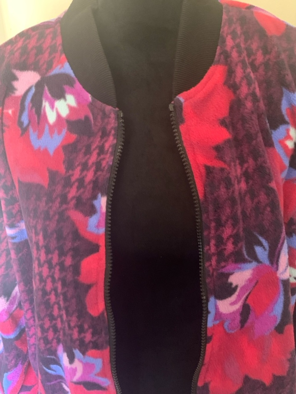 Bob Mackie Floral Houndstooth Bomber Jacket - Purple & Red - Picture 2 of 12